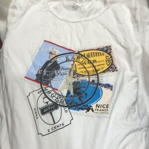 Karl Lagerfeld Paris White with Postcards CottonTop Tee T-Shirt sz L